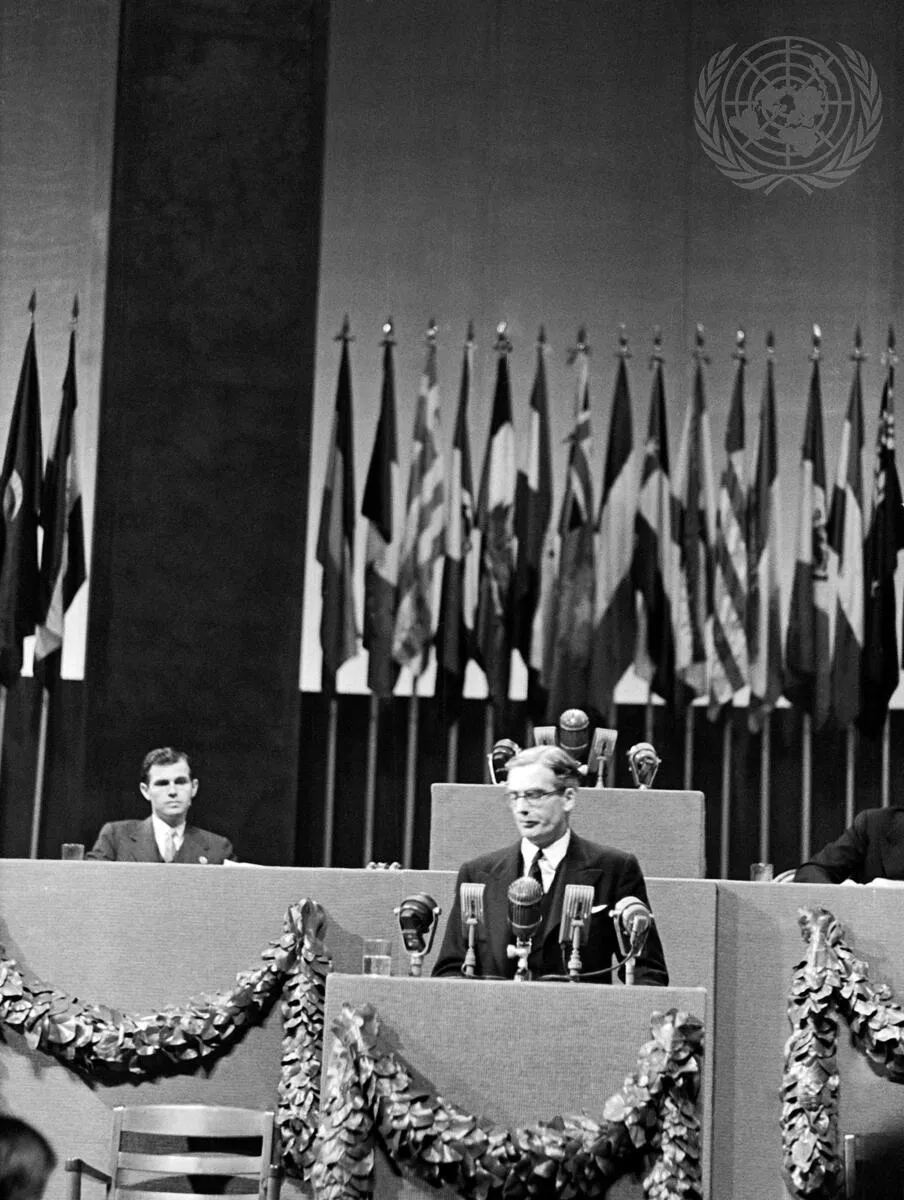 1945年4月26日，英国代表艾登在旧金山会议第一次全体会议上发表演讲